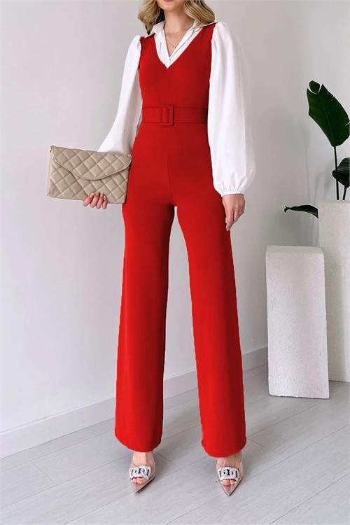 Dipmoda kadın kırmızı kemerli gömlek detaylı likralı tulum NBK2063