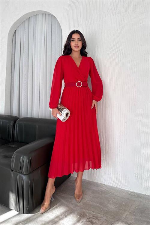Dipmoda kadın kırmızı piliseli kemerli şifon elbise DPNBK3028