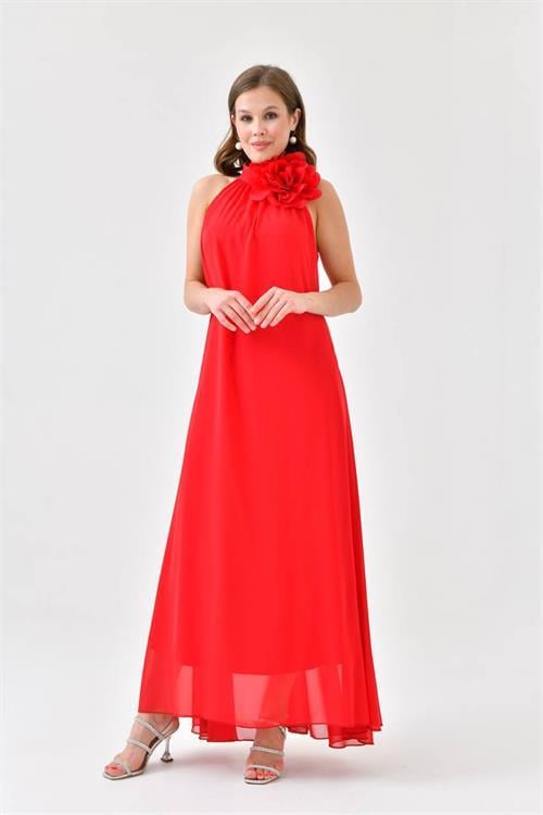 Dipmoda kadın kırmızı şifon gül detaylı uzun abiye elbise NBS9351 
