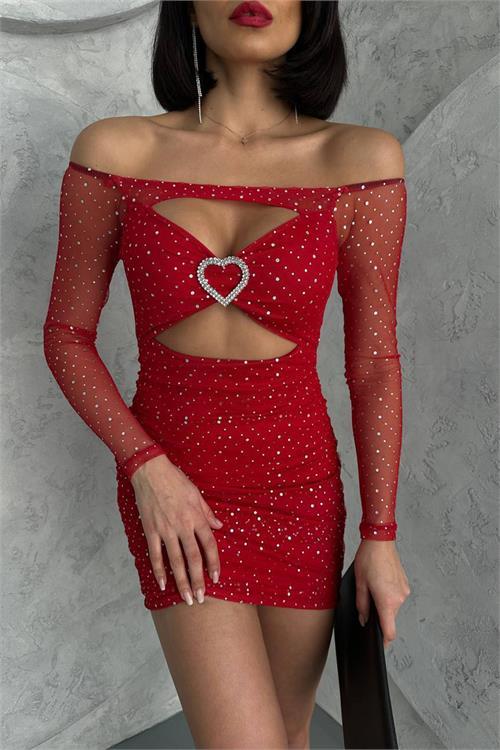Dipmoda kadın kırmızı simli dekolte mini elbise DPNBDF115