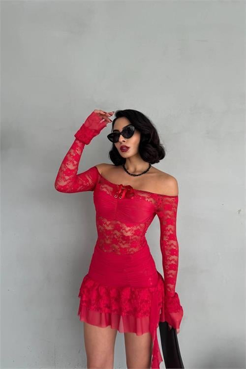 Dipmoda kadın kırmızı yeni sezon mini dantel elbise DPNBDF133