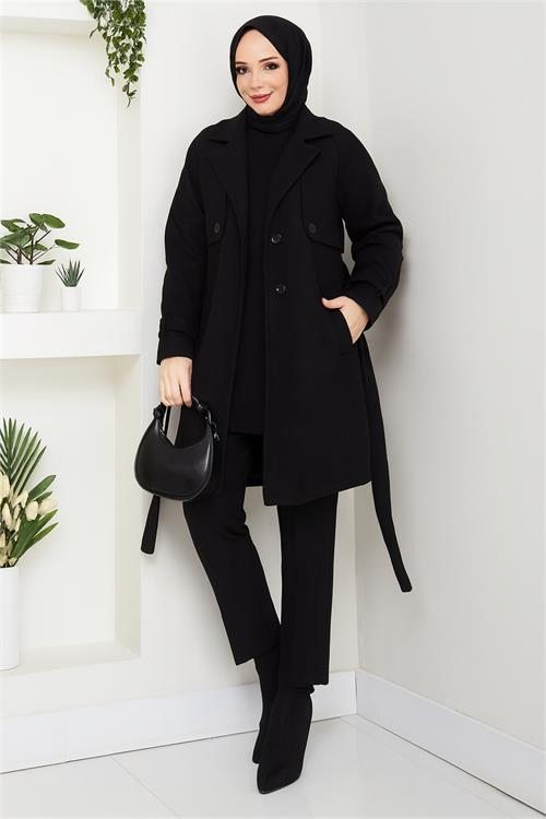 Dipmoda kadın kısa boy kuşaklı düğmeli astarlı kaşe kaban DPFT003