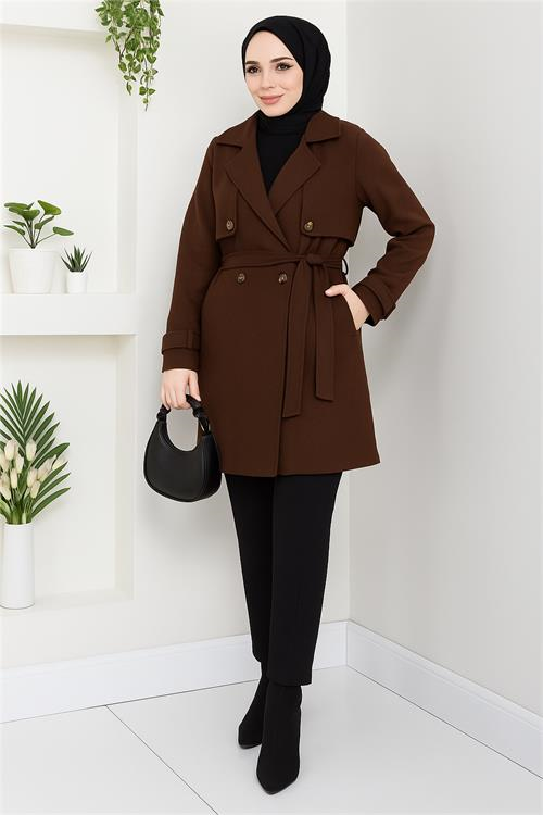 Dipmoda kadın kısa boy kuşaklı düğmeli astarlı kaşe kaban DPFT003