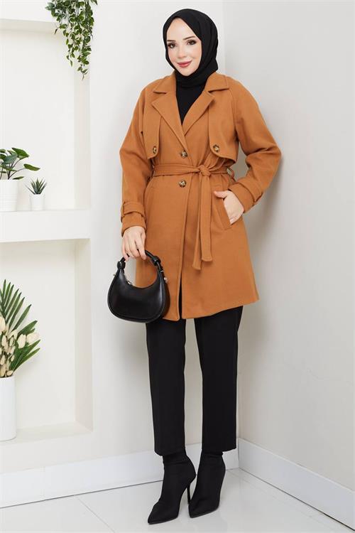 Dipmoda kadın kısa boy kuşaklı düğmeli astarlı kaşe kaban DPFT003