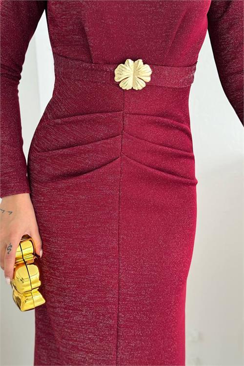 Dipmoda kadın kol vatkalı toka detaylı drapeli maxi elbise DPK4358