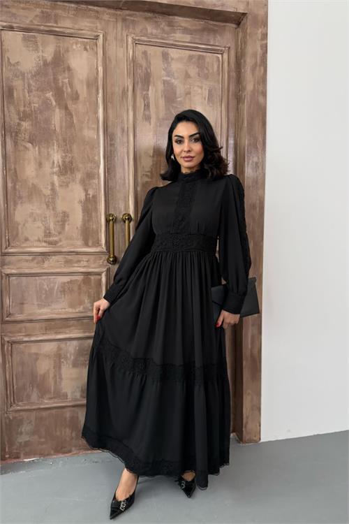 Dipmoda kadın krep kumaş dantel detaylı astarlı elbise DPMS2533