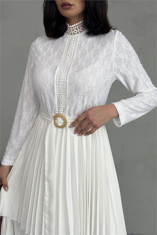 Dipmoda kadın krep kumaş dantel detaylı kemerli uzun elbise DPMS2525