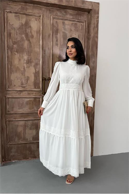 Dipmoda kadın krep kumaş dantel detaylı astarlı elbise DPMS2533