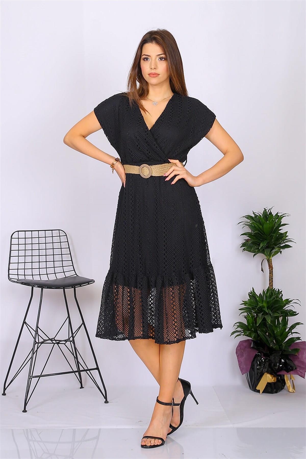 Dipmoda kadın kruvaze yaka kemer detaylı yazlık elbise DK0001