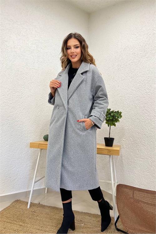 Dipmoda kadın kruvaze yaka midi boy kaşe kaban NBSHNZ09