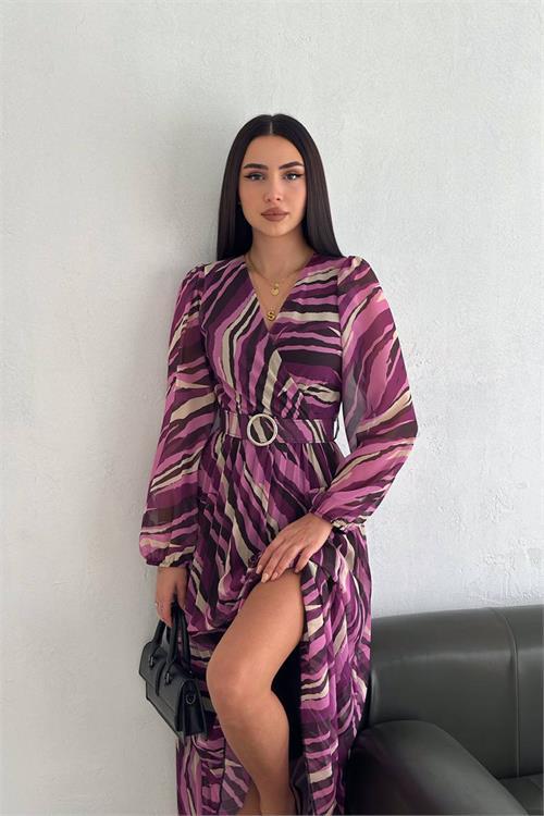 Dipmoda kadın kruvaze yaka piliseli midi şifon elbise DPNBK3029