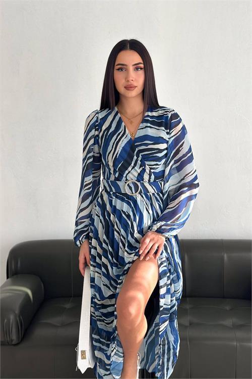 Dipmoda kadın kruvaze yaka piliseli midi şifon elbise DPNBK3029