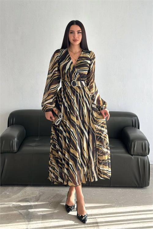 Dipmoda kadın kruvaze yaka piliseli midi şifon elbise DPNBK3029