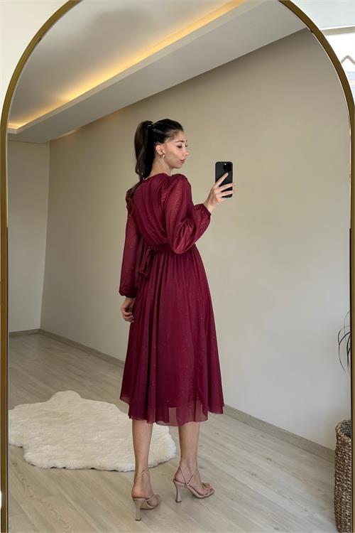 Dipmoda kadın kruvaze yaka tokalı midi boy ışıltılı elbise NM009