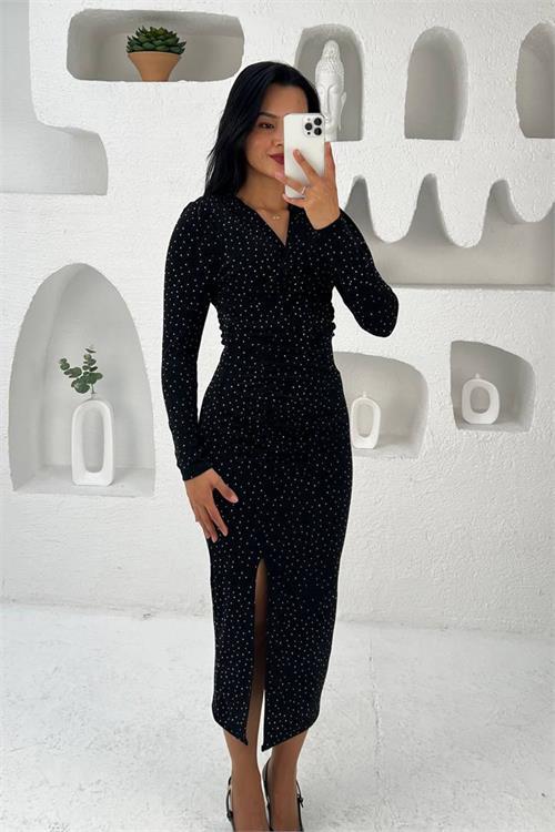 Dipmoda kadın kruvaze yaka yırtmaçlı midi boy elbise DPMY3837