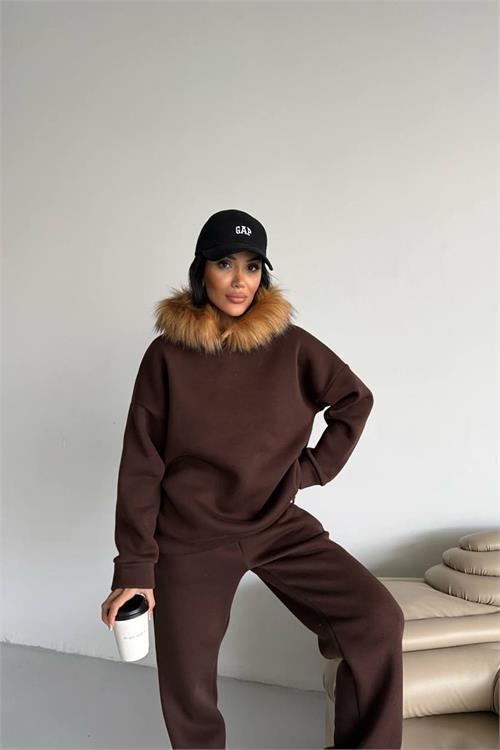Dipmoda kadın kürk kapüşonlu 3 iplik oversize eşofman takımı DPTQ001