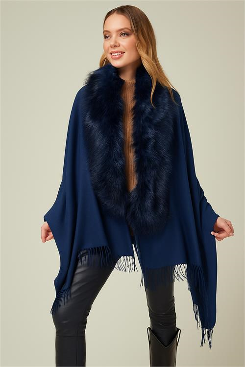 Dipmoda kadın kürk yaka püsküllü şal panço DPAKS039
