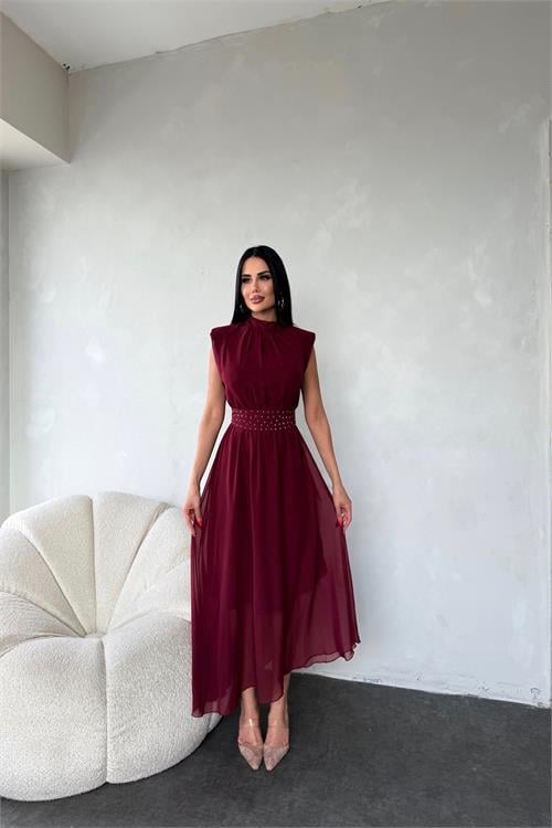 Dipmoda kadın kuşağı taş detaylı midi şifon elbise DPMY3509