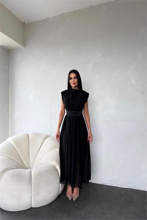 Dipmoda kadın kuşağı taş detaylı midi şifon elbise DPMY3509