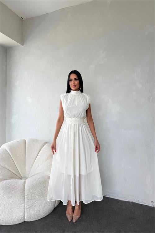 Dipmoda kadın kuşağı taş detaylı midi şifon elbise DPMY3509