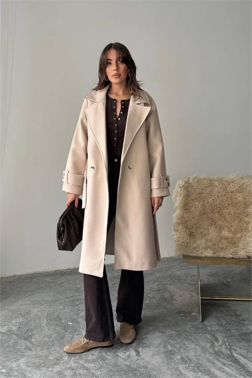 Dipmoda kadın kuşak detaylı astarlı kaşe kaban DPG120