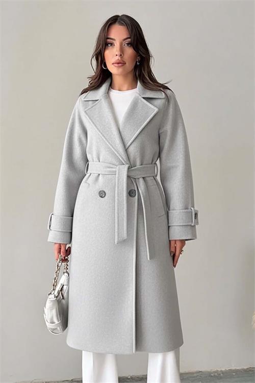 Dipmoda kadın kuşak detaylı astarlı kaşe kaban DPG120