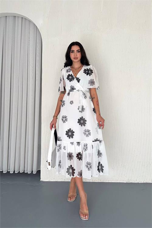 Dipmoda kadın kuşaklı çiçek desenli şifon elbise DPNBK4118