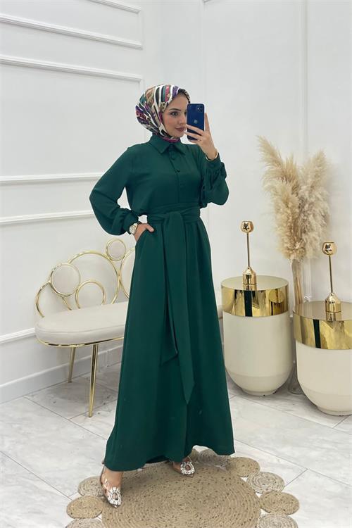 Dipmoda kadın kuşaklı gömlek yaka salaş tesettür tulum NMS010