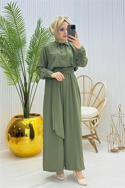 Dipmoda kadın kuşaklı gömlek yaka salaş tesettür tulum NMS010