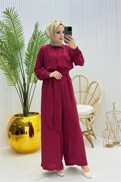 Dipmoda kadın kuşaklı gömlek yaka salaş tesettür tulum NMS010