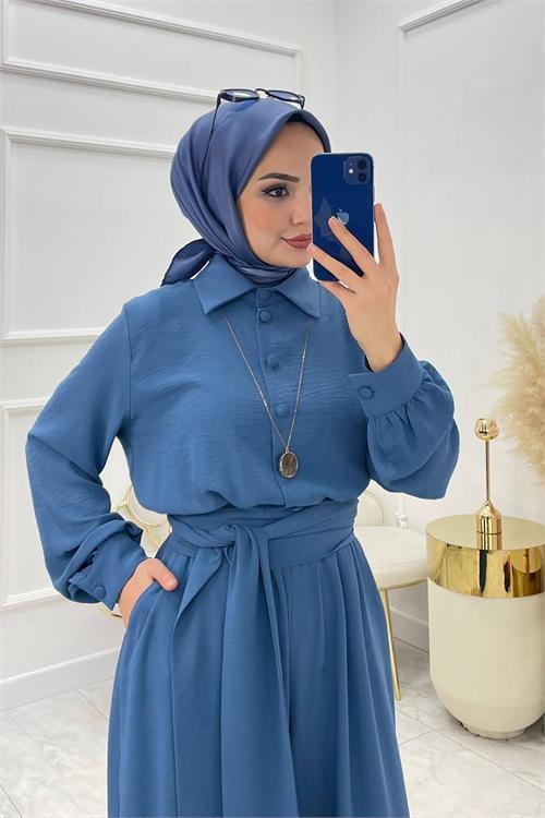 Dipmoda kadın kuşaklı gömlek yaka salaş tesettür tulum NMS010