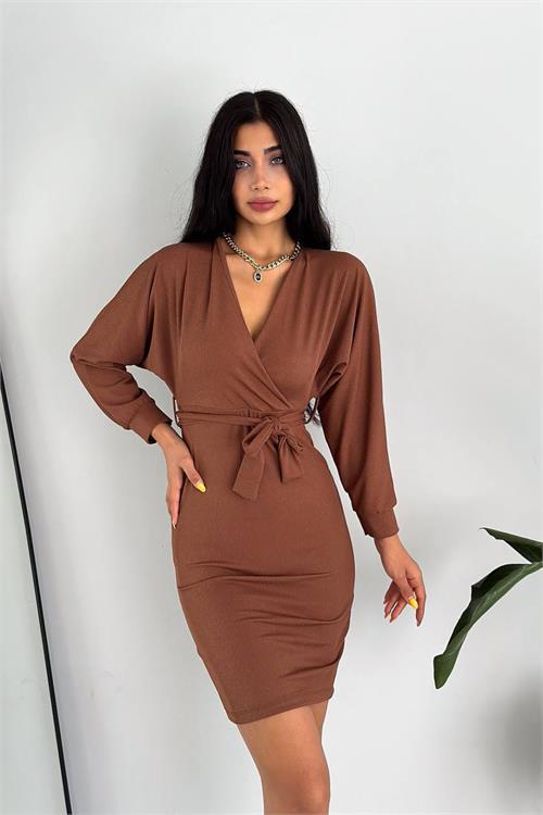 Dipmoda kadın kuşaklı kruvaze yaka örme elbise KKLF47 