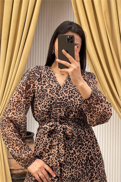 Dipmoda kadın kuşaklı leopar desenli şifon elbise DPNBMY3709