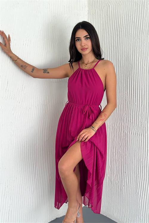 Dipmoda kadın kuşaklı midi boy askılı şifon elbise DPK4207