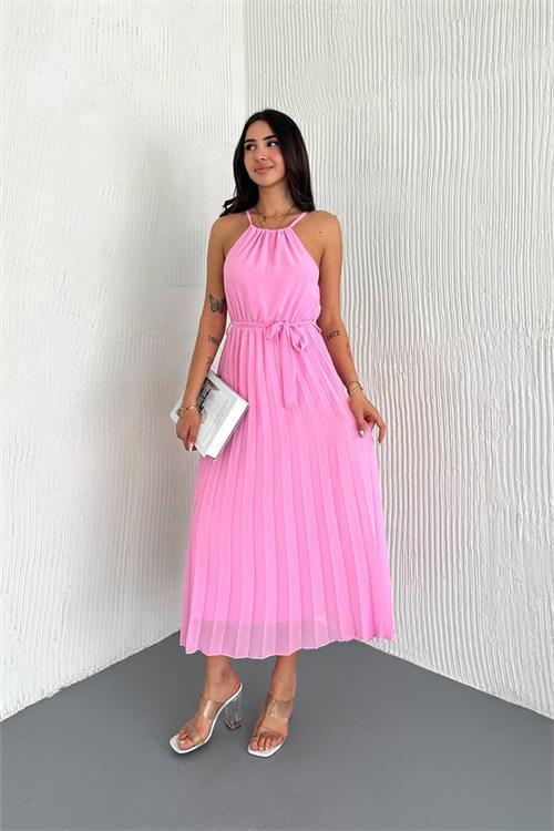 Dipmoda kadın kuşaklı midi boy askılı şifon elbise DPK4207