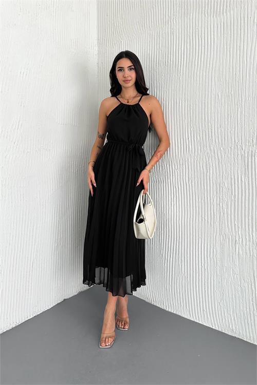 Dipmoda kadın kuşaklı midi boy askılı şifon elbise DPK4207