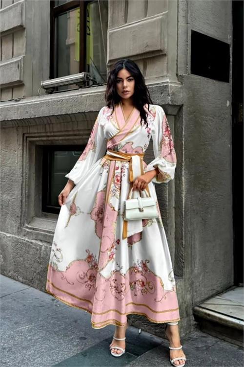 Dipmoda kadın kuşaklı midi boy desenli elbise DPMS42149