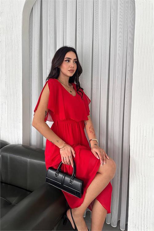 Dipmoda kadın kuşaklı midi boy şifon elbise DPNBK4116