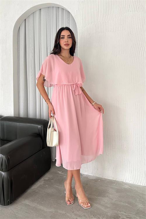 Dipmoda kadın kuşaklı midi boy şifon elbise DPNBK4116