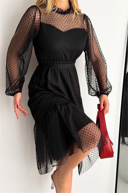 Dipmoda kadın kuşaklı midi boy siyah tül elbise NBKKLF2011 