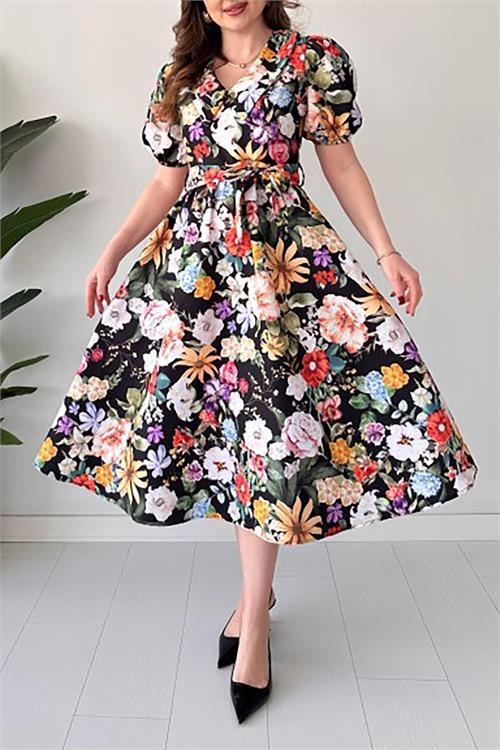 Dipmoda kadın kuşaklı poplin kumaş desenli elbise DPMY3467