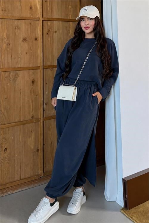 Dipmoda kadın lacivert asimetrik tunik pantolon oversize tesnsel tesettür takım NMS104