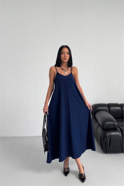 Dipmoda kadın lacivert askılı içi astarlı kaş keten elbise NBG017 