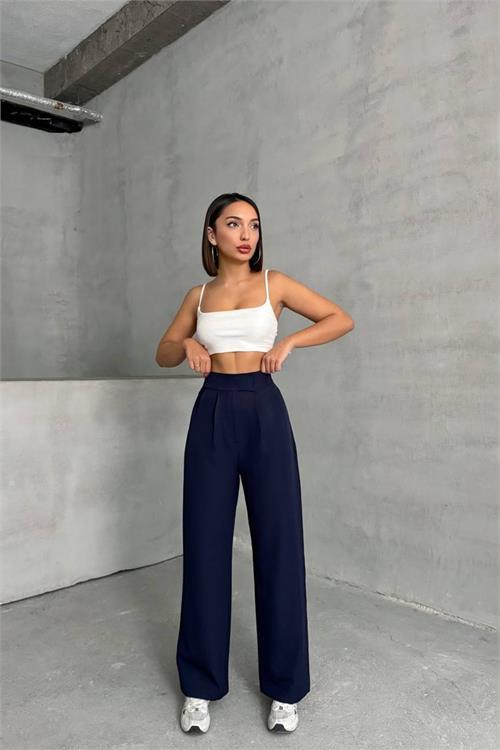 Dipmoda kadın lacivert beli cırtlı palazzo kumaş pantolon DPNBG063