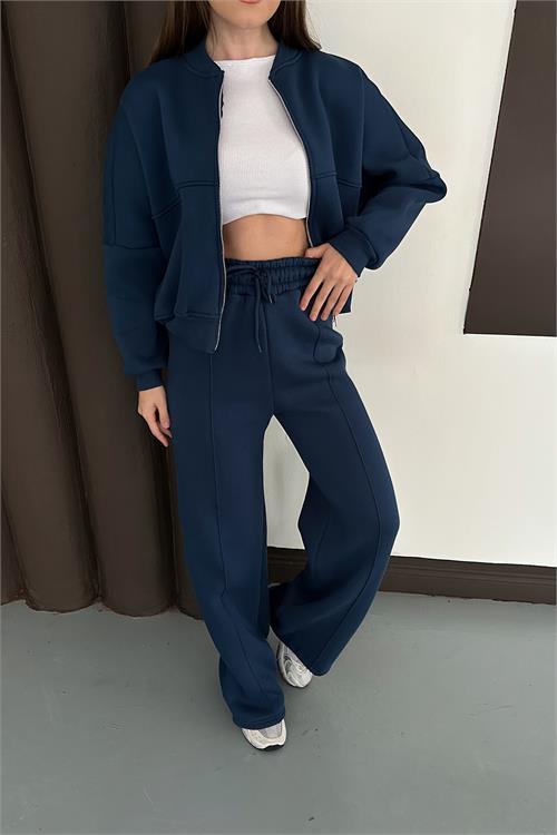 Dipmoda kadın lacivert fermuarlı 3 iplik eşofman takımı DPESF01