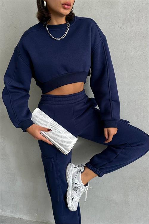 Dipmoda kadın lacivert kargo cepli eşofman takımı NBG041 