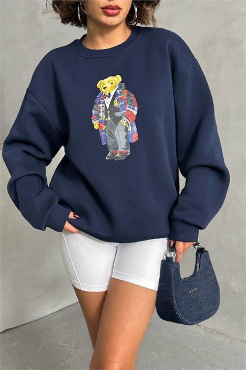 Dipmoda kadın lacivert nakışlı sweatshirt DPNBG059