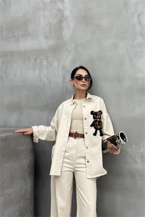 Dipmoda kadın leopar ayıcık armalı gömlek NBASP7336