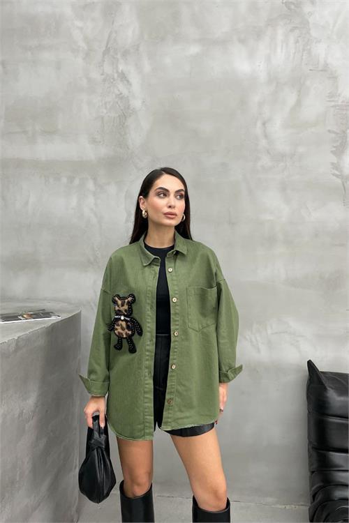 Dipmoda kadın leopar ayıcık armalı gömlek NBASP7336