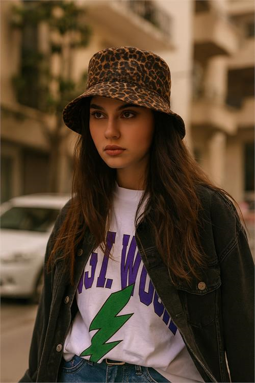 Dipmoda kadın leopar desenli balıkçı şapka DPAKS019
